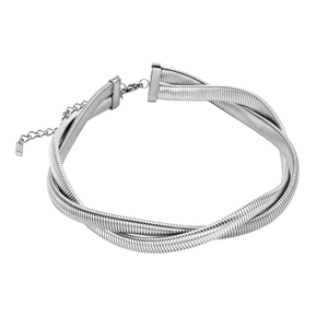 Detail of silver double-layered snake bone choker with lobster clasp and adjustable chain