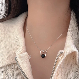 Minimalist 925 sterling silver necklace with black onyx bead pendant on a snake chain