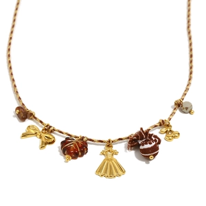 Collier fait main plaqué or 18 carats avec cordon marron, pendentifs feuille et nœud