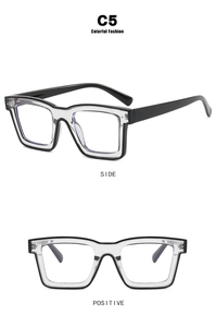 Detailed views of square TR90 eyeglasses with bicolor clear and black frame design