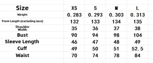 Size chart detail for lace splicing V-neck long dress showing XS to L measurements