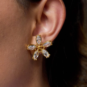 Boucles d'oreilles fleurs en acier inoxydable doré 18 carats avec zircons blancs marquise