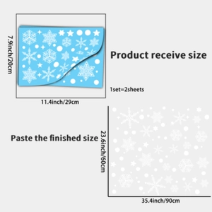 Detailed size guide for white snowflake window stickers showing finished layout dimensions