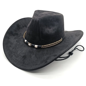 Detail of western cowboy hat with woven band, pearl buckle and adjustable chin strap