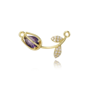 Gold tulip flower connector with purple pear gem and diamond leaves for DIY jewelry