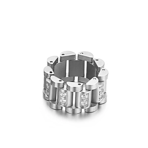 Men's silver stainless steel watch strap style ring featuring inlaid cubic zirconia stones