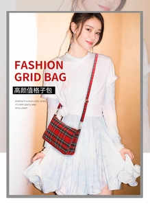 Detail of red plaid canvas bag with adjustable metal buckle and stylish slim strap