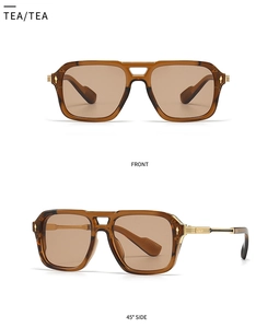 Front and side view of tea-colored aviator sunglasses with double bridge and metal rivets