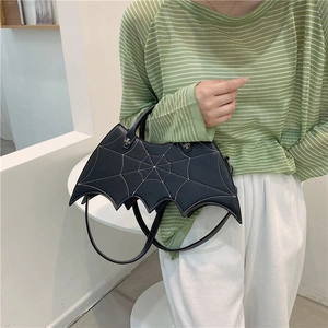 Gothic bat-shaped black PU handbag with spider web embroidery and cross rivets