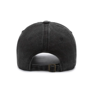 Rear view of vintage washed black baseball cap with adjustable brass metal buckle