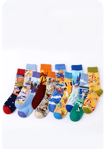 Detailed macro view of 10-pack colorful cotton crew socks with vibrant sports illustrations