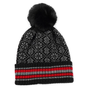 Winter knit beanie with geometric pattern, faux fur pompom and red striped ribbed cuff