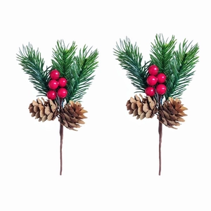 Set of 2 Christmas pine branches with red berries and natural pinecones for holiday decor