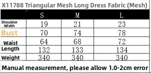 Detailed size chart for mesh maxi dress showing measurements for S, M, and L sizes