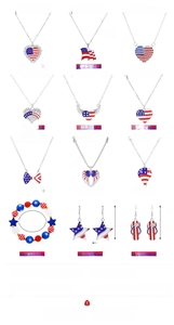 Detailed size chart and specifications for US flag heart and wing jewelry set