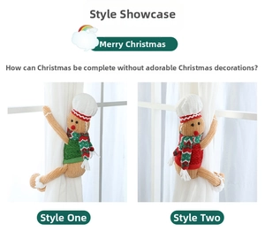 Detail view of two gingerbread man curtain tiebacks in festive red and green knit outfits