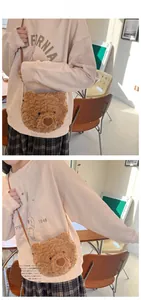 Brown plush bear crossbody bag with 3D ears, soft faux fur material on model styling
