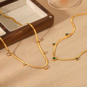 18K gold plated stainless steel snake chain necklace with round white and green zircon stones
