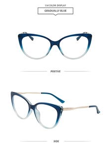 Detail view of cat eye glasses frames with blue gradient finish and sleek metal temples