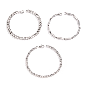 Three silver stainless steel Cuban and geometric bar chain bracelets set for men