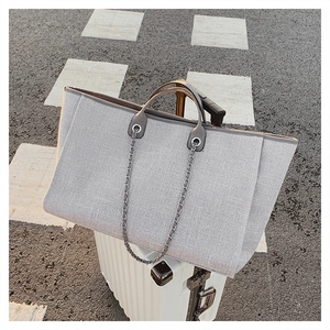 Detail of grey tweed tote bag with leather handles and chain strap on a suitcase