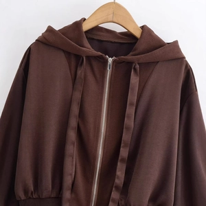 French retro oversized dark brown zip-up hoodie with vintage minimalist texture design