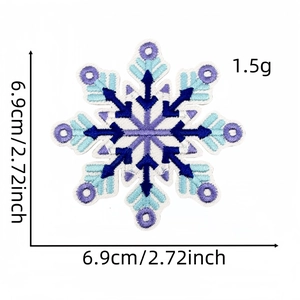 Detailed view of blue and purple snowflake embroidery patch with size measurements