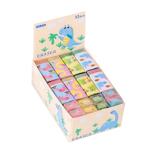 Bulk pack of 32 cartoon dinosaur scented jelly erasers in a colorful display box