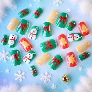 Christmas snowman press-on nails with red bows and snowflakes in medium square shape