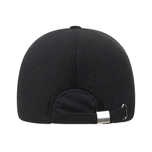 Rear view of black men's winter baseball cap with wool fabric and metal buckle