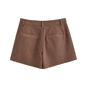 Rear view of brown high-waisted tailored shorts featuring belt loops and welt pockets
