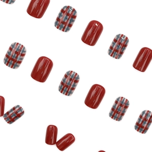 Short square red and blue plaid press-on nails with glossy finish for daily wear