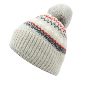 Winter knit beanie for women with Nordic jacquard patterns and a faux fur pompom detail