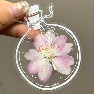 Transparent PET drift bottle bookmark with pink cherry blossom flower for crafts