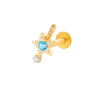 Titanium flat back stud with gold star and blue zircon drop for cartilage piercing