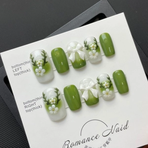Handmade Press On Nails 3D Flower Bow Gradient Green Reindeer Antler Glossy Fake Nails Sweet Elegant