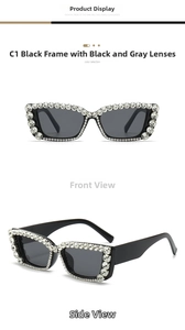 Detail view of square black sunglasses with hand-set crystal rhinestones and dark lenses