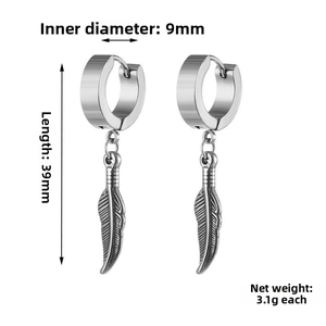 Detail view of silver stainless steel feather earring with 39mm length and 9mm inner diameter