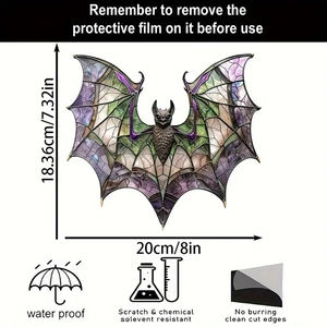 Detailed size specifications and waterproof features for acrylic bat window decor