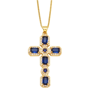 Luxurious gold cross necklace featuring deep blue sapphire zircons and micro diamonds