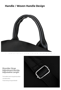 Detail of woven faux leather handle and adjustable gunmetal shoulder strap buckle