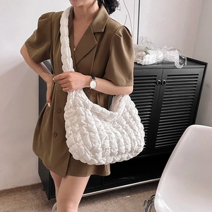Minimalist white quilted puff shoulder bag for women with ruched strap and cloud-like design