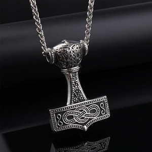 Nordic Mjolnir pendant necklace with Thor hammer and compass in vintage silver finish