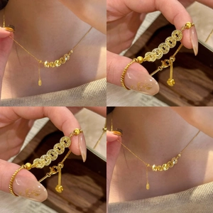 Collier Et Bracelet Cuivre Plaqué Or Pièce Ancienne Porte-Bonheur Vintage Nouveau Style Chinois Rétro Bijoux De Luxe Léger Pour Femmes