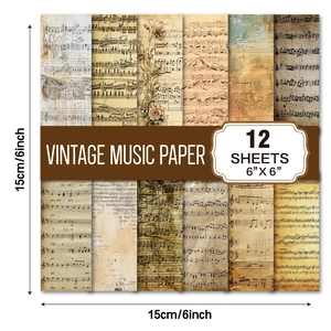 Set of 12 vintage music themed scrapbooking papers 6x6 inches with diverse sheet patterns