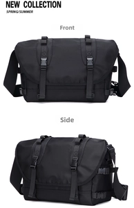 Front and side views of black functional waterproof nylon messenger bag for men