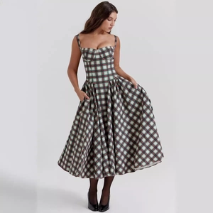Vintage checkered sleeveless maxi dress with a fitted waist and a full flared skirt