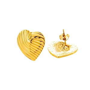 Golden heart-shaped stud earrings with textured wave surface in stainless steel