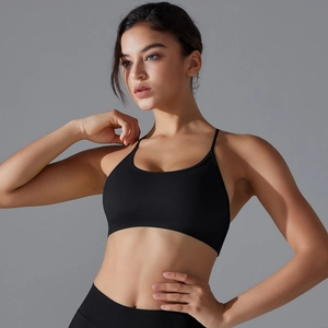 Detail of black seamless sports bra with cross back and ribbed underband support