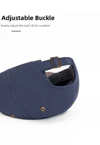 Detail of deep blue cotton baseball cap showing adjustable bronze metal buckle and eyelets